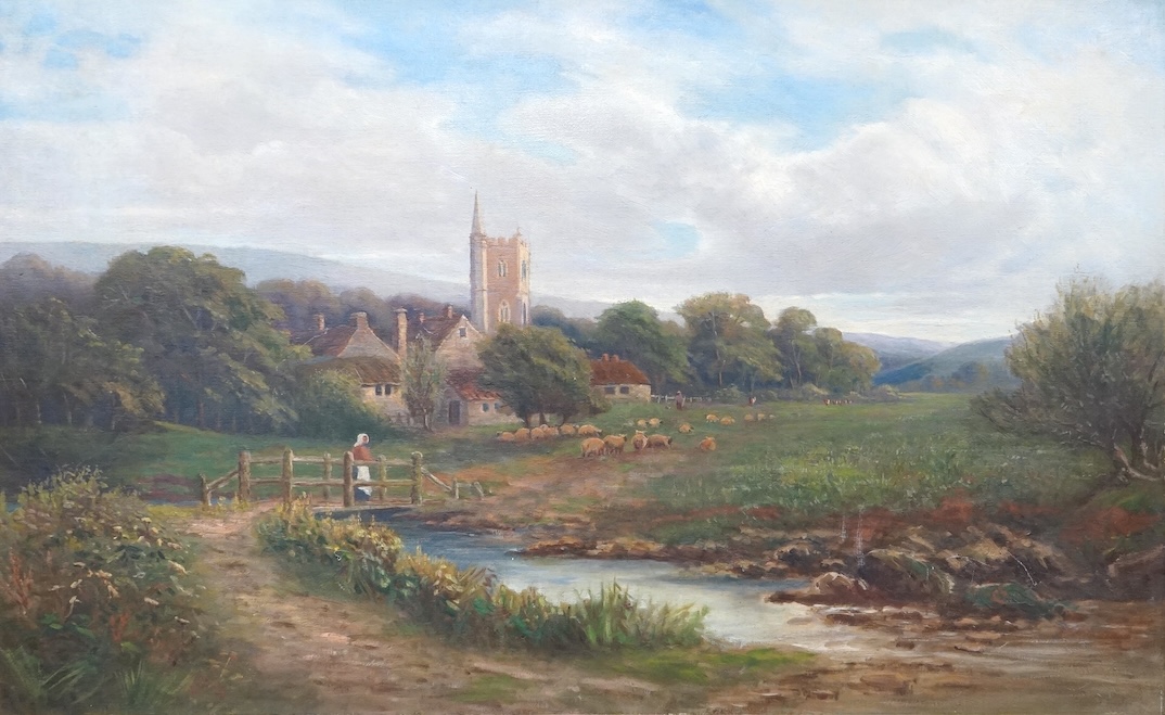 19th century, English School, Rural landscape with stream before a village, unsigned, oil on canvas, 50 x 80cm